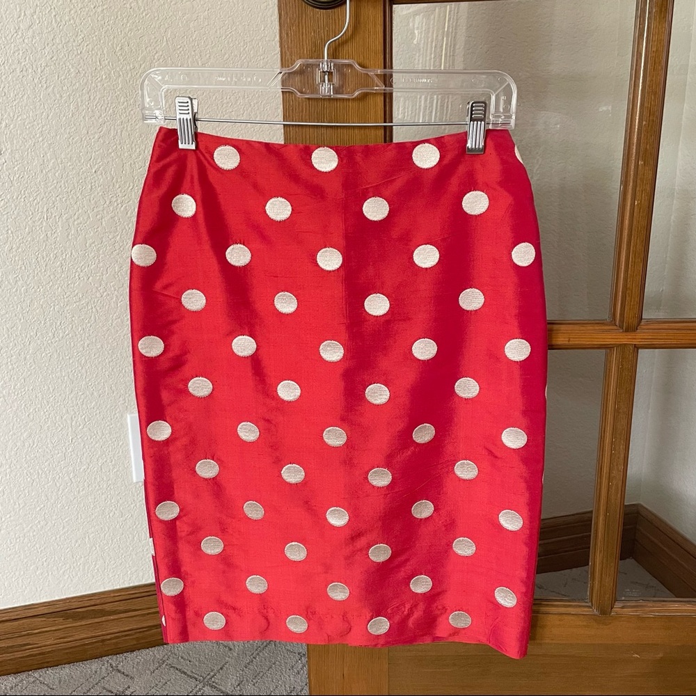 Julie Haus Pencil Skirt, Red-Orange with Tan Polka Dots, Size 2, Silk, GUC